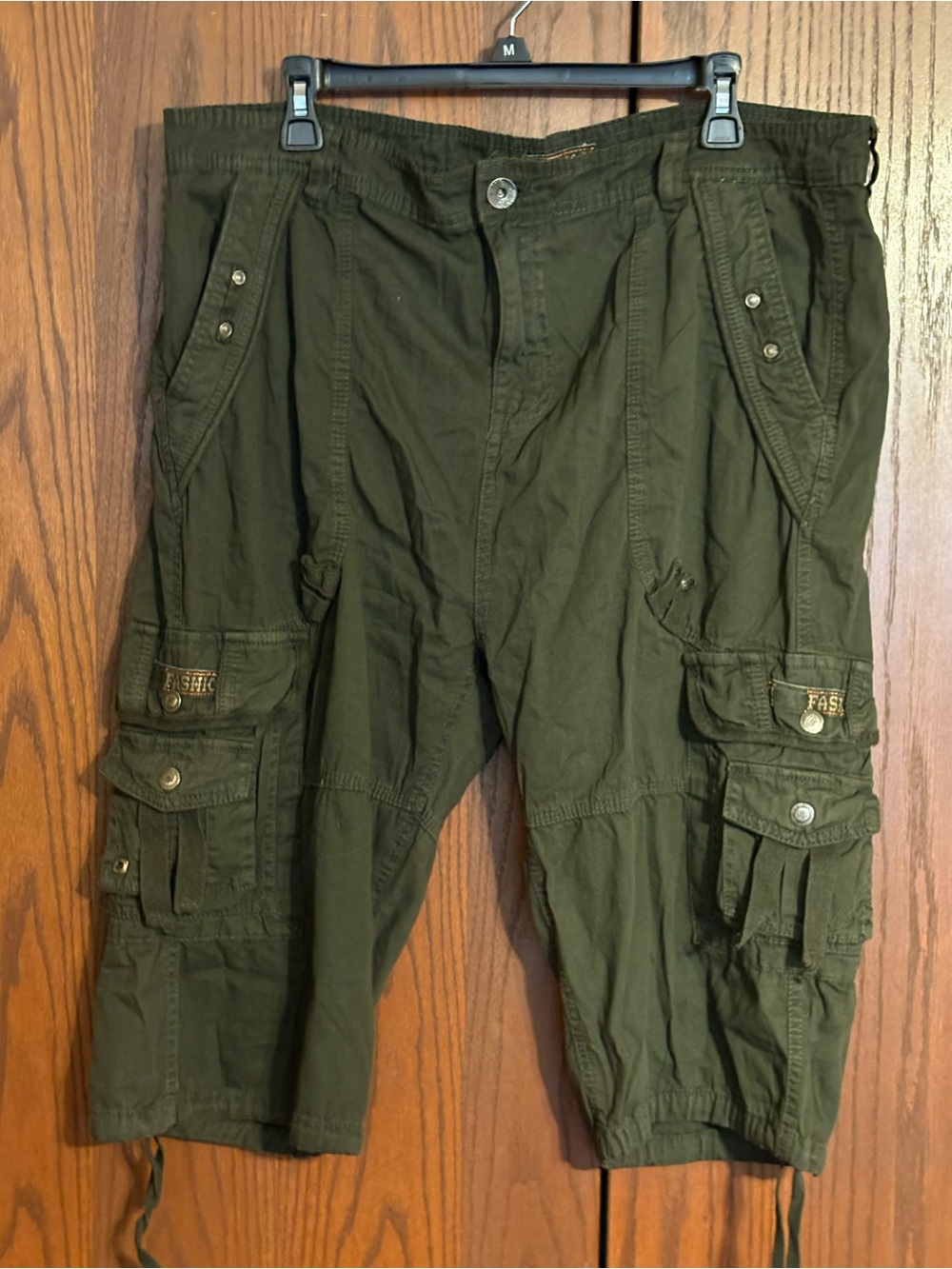 Dark Olive Utility Capris with 'FASHION' Label